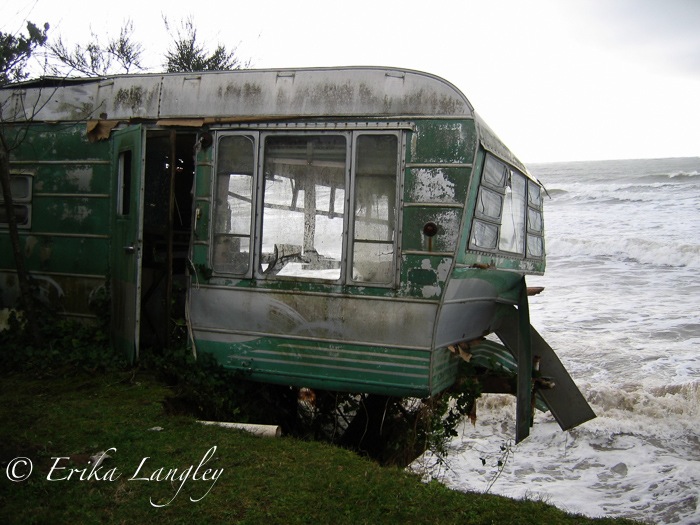 Green trailer on edge, Washaway Beach